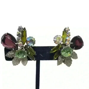 Vintage Earrings Huge Faceted Rhinestones Clip On Metal Leaves 1960s